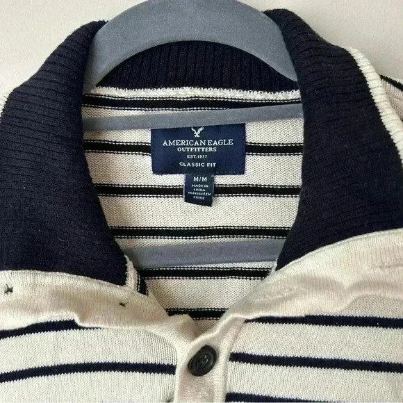 American Eagle Men’s Striped Pullover Collared Quarter Button Sweater Medium - Picture 2 of 6
